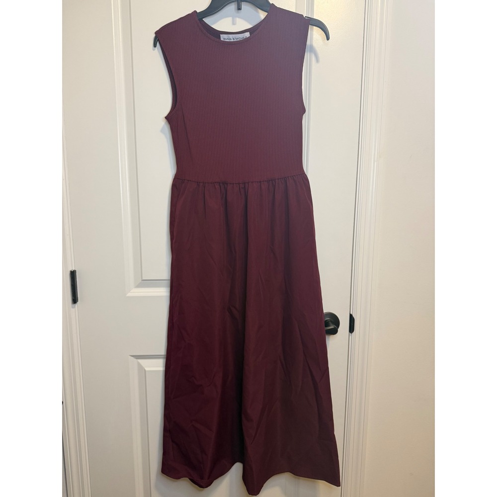 Emma & Michele Midi Dress Womens Small Burgundy Mixed Media Ribbed Knit Pockets